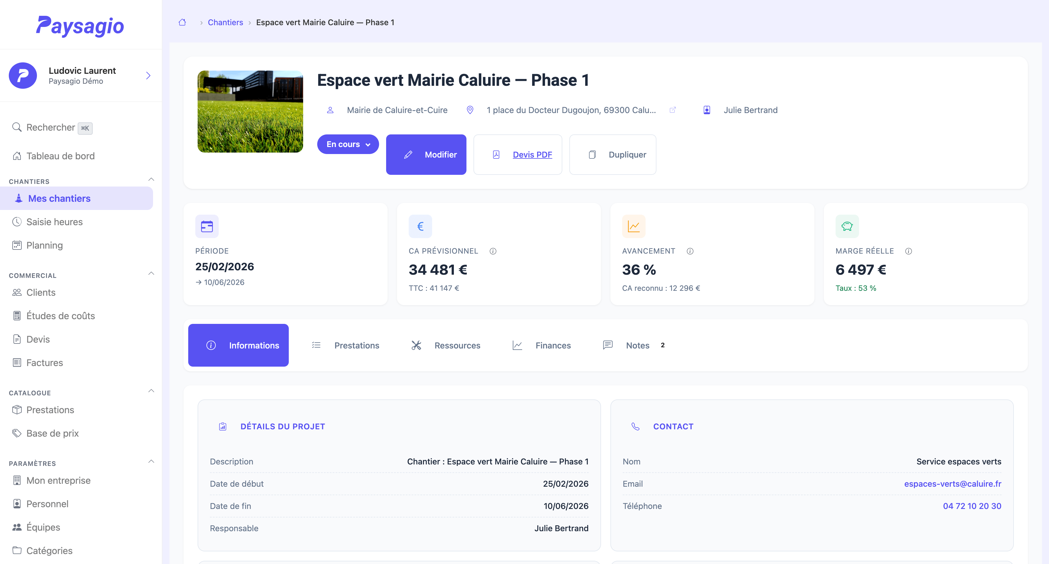 Page détail d'un chantier dans Paysagio