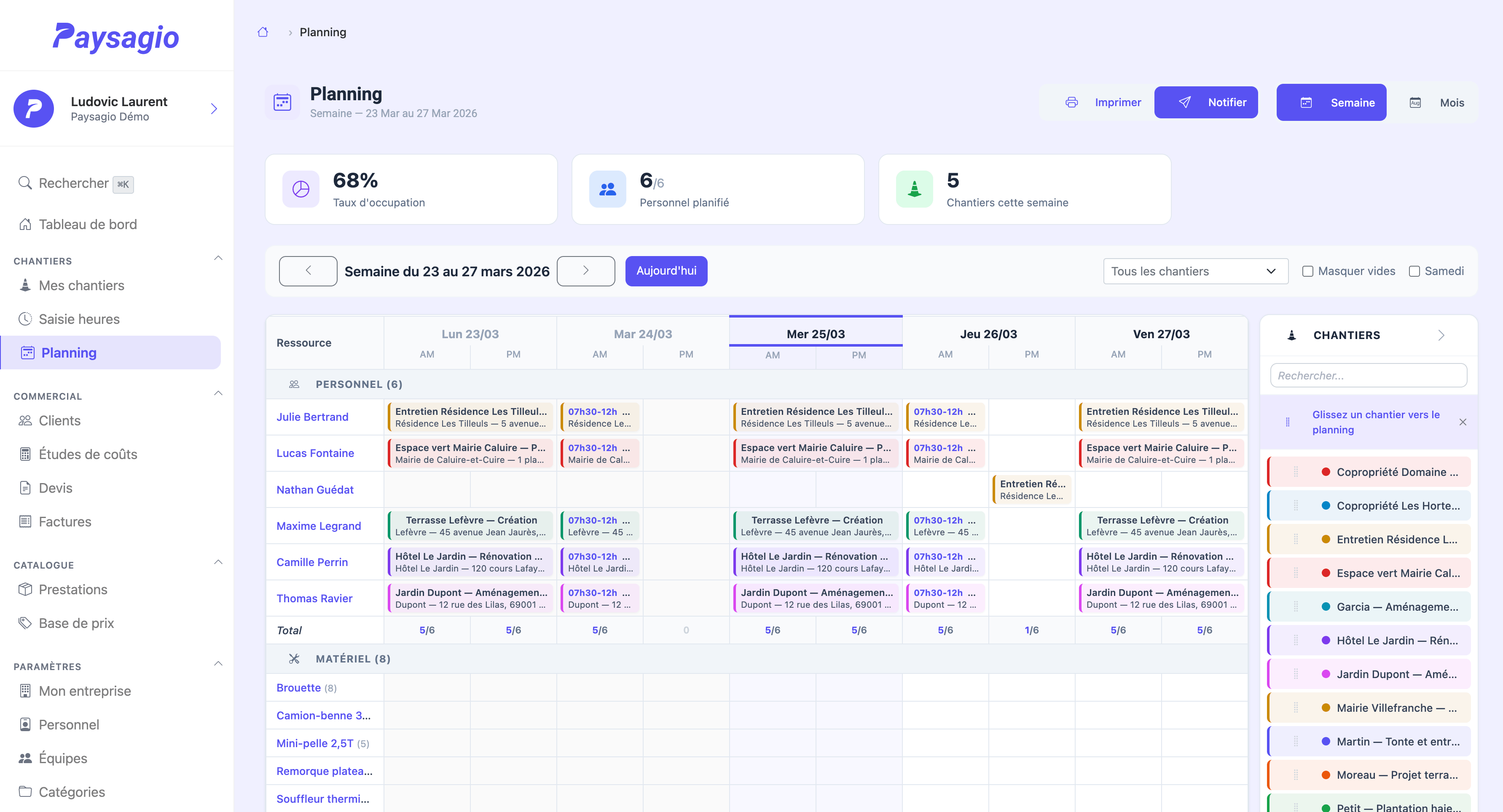 Planning des équipes dans Paysagio