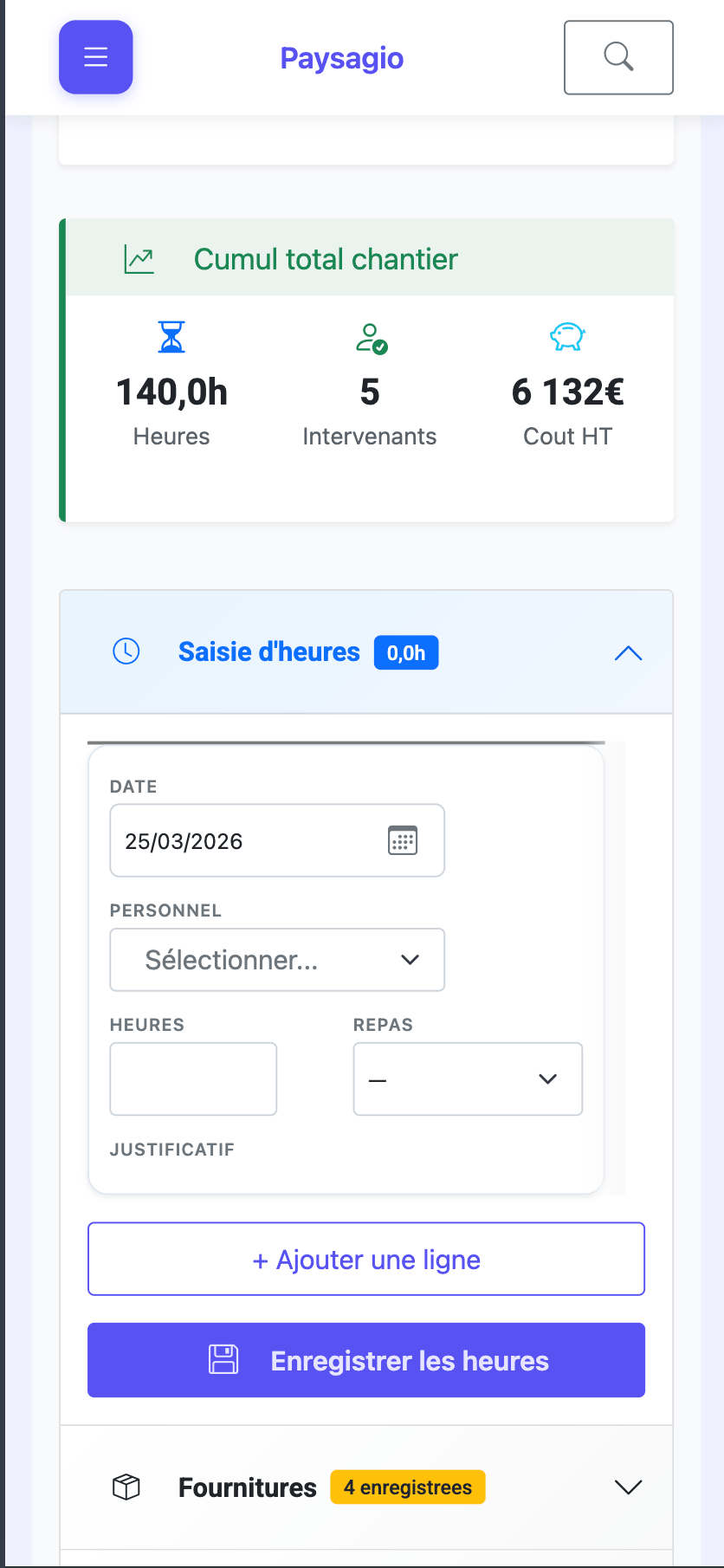 Saisie des heures sur mobile dans Paysagio